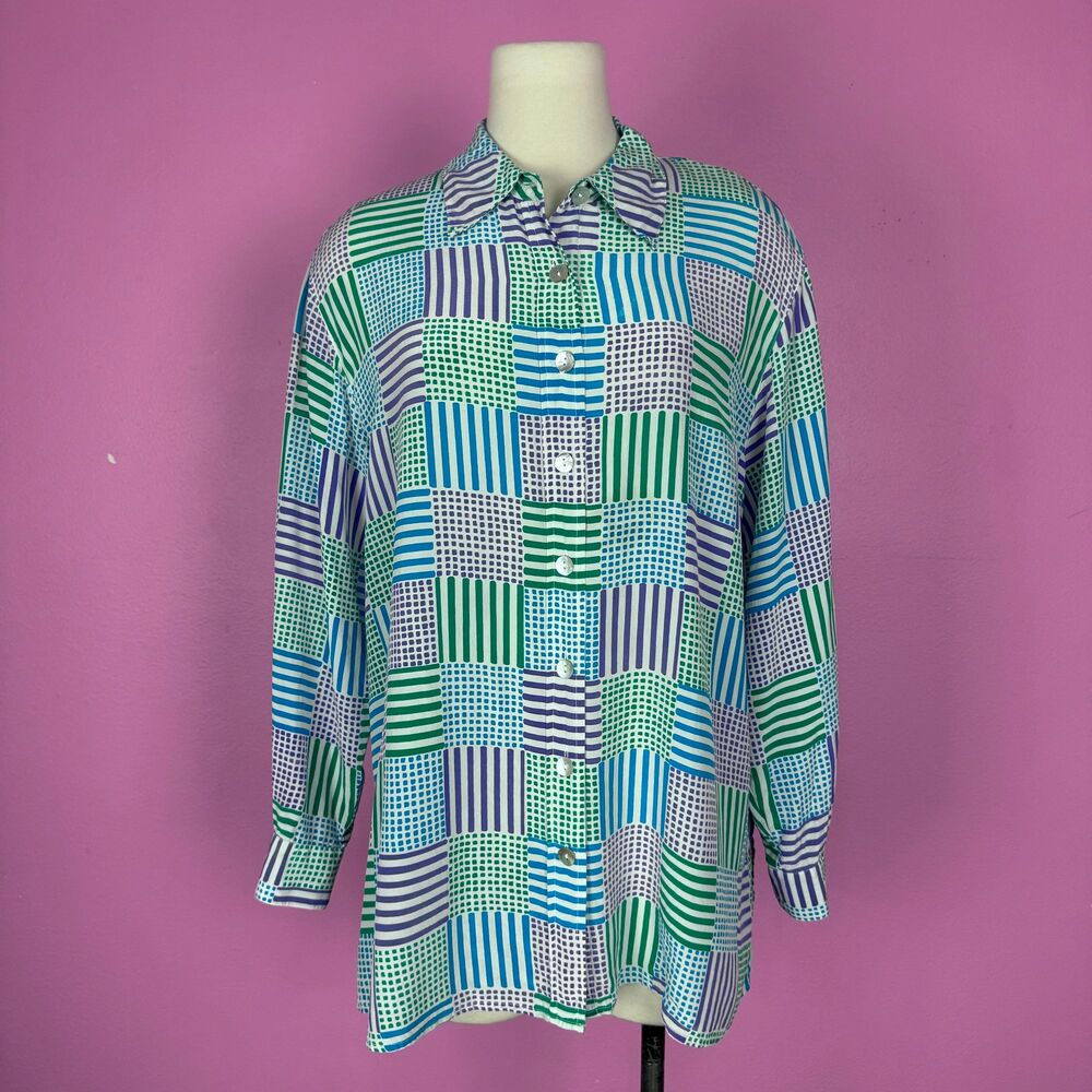 Size 1X | Vintage 1990s 90s Silk Long Sleeve Check Print Button Down Blouse Top